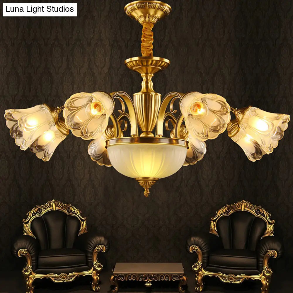 Gold Frosted Glass Flower Chandelier - Colonial Style Suspension Light