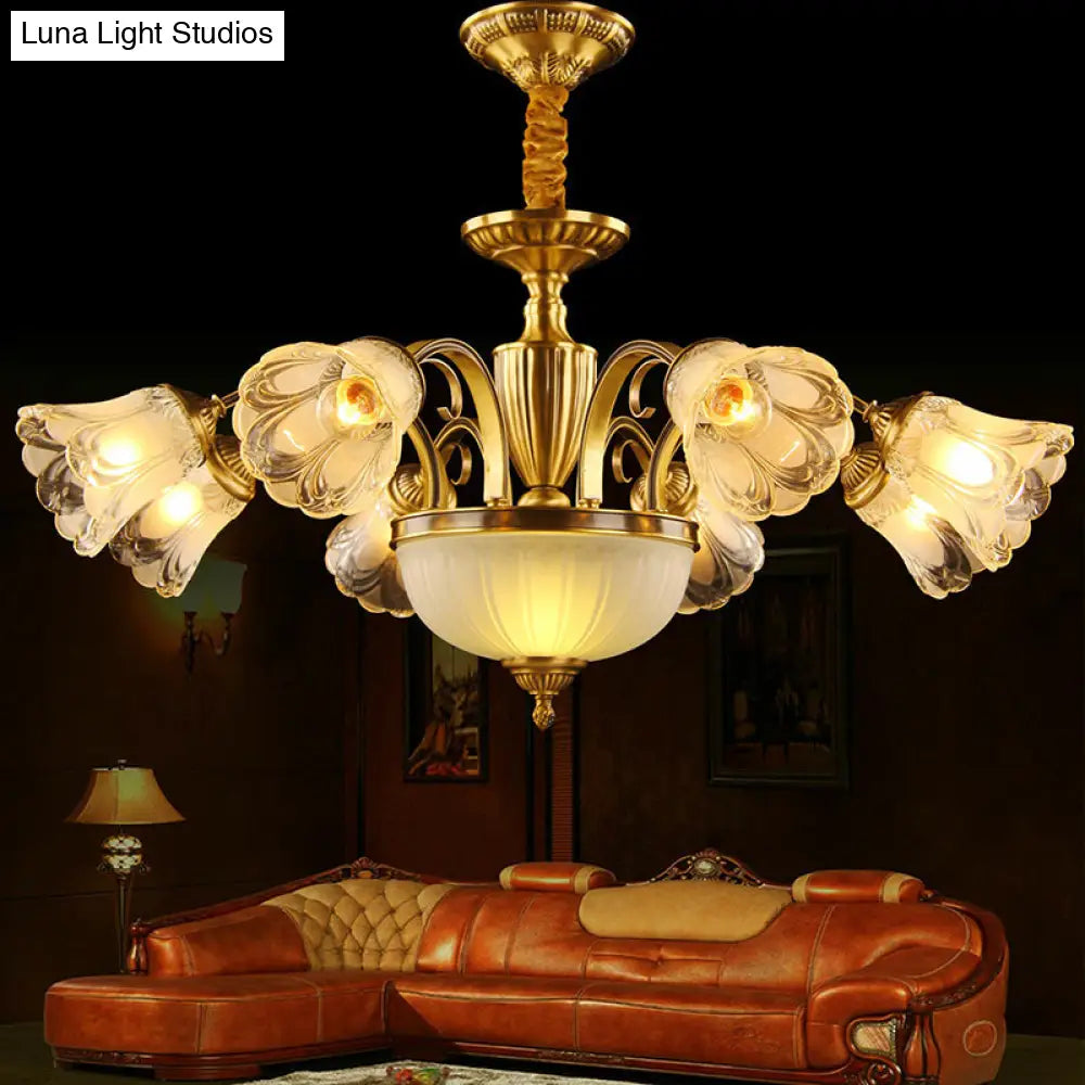 Gold Frosted Glass Flower Chandelier - Colonial Style Suspension Light