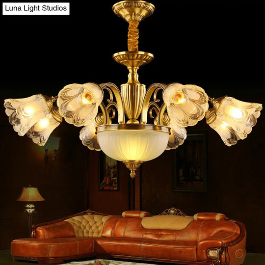 Gold Frosted Glass Flower Chandelier - Colonial Style Suspension Light