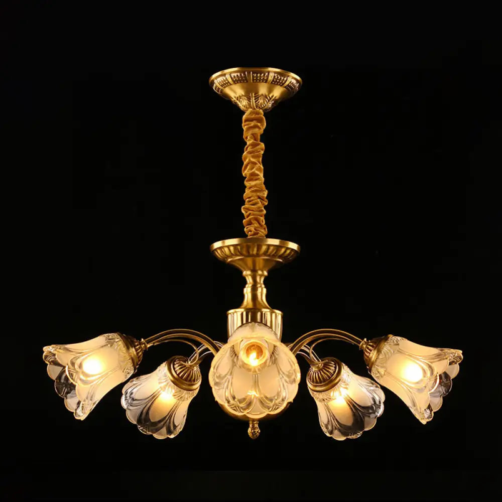 Gold Frosted Glass Flower Chandelier - Colonial Style Suspension Light 5 /
