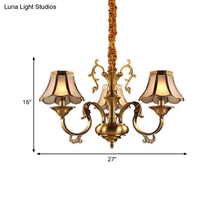 Gold Frosted Glass Pendant Chandelier With Scalloped Design And Colonial Styling - 3/5/6 Bulbs