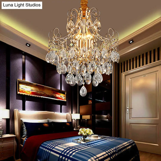 Industrial Gold Geometric Metal Chandelier Pendant Light With Crystal Teardrop Shade - 5/6/8 Bulbs