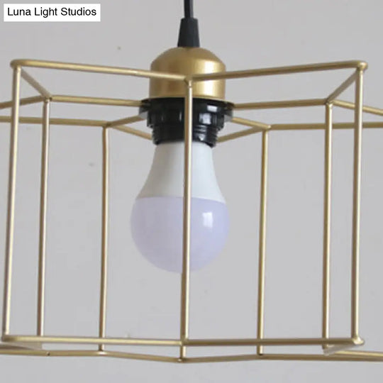 Gold Industrial Star Pendant Light With Cage Shade - 3 Lights For Hallway