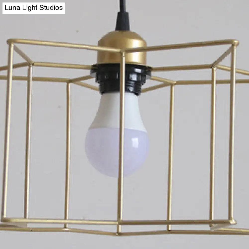 Industrial Style Star Pendant Light - 3-Light Iron Hanging Lamp With Gold Cage Shade For Hallway