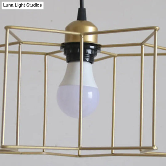 Industrial Style Star Pendant Light - 3-Light Iron Hanging Lamp With Gold Cage Shade For Hallway