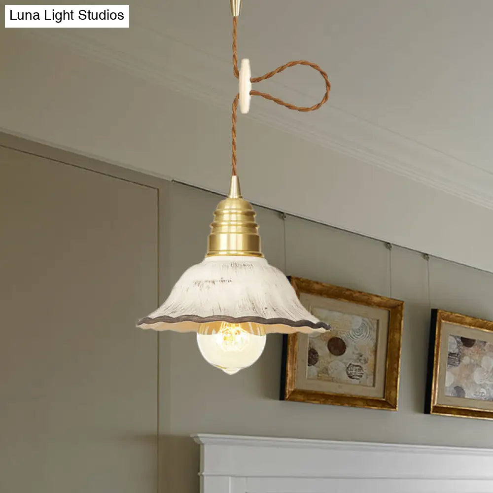 Scalloped Industrial-Style Hanging Light Kit - 1 Head Ceramics Pendant Lamp In Gold
