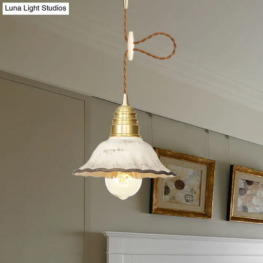 Scalloped Industrial-Style Hanging Light Kit - 1 Head Ceramics Pendant Lamp In Gold