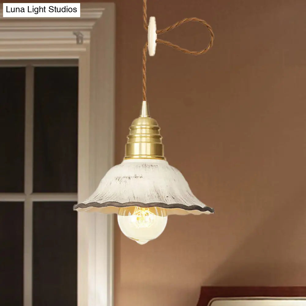 Scalloped Industrial-Style Hanging Light Kit - 1 Head Ceramics Pendant Lamp In Gold
