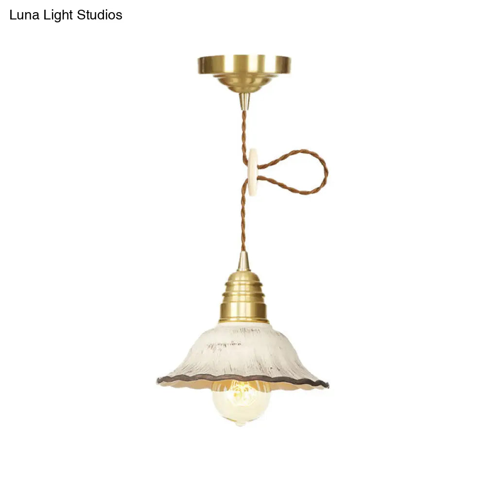 Scalloped Industrial-Style Hanging Light Kit - 1 Head Ceramics Pendant Lamp In Gold