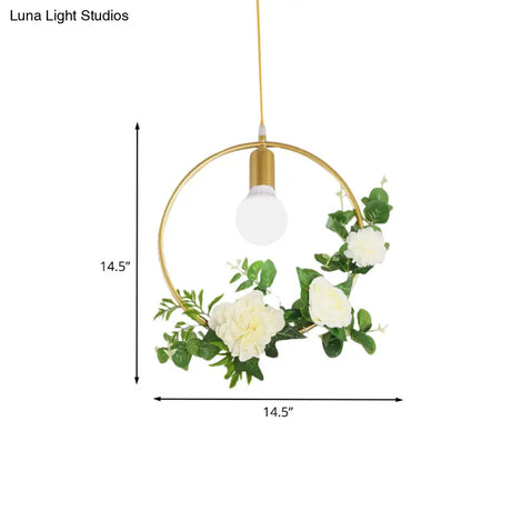 Gold Iron Rectangle/Round Frame Pendant Light With Artificial Bloom Deco - Stylish Suspended
