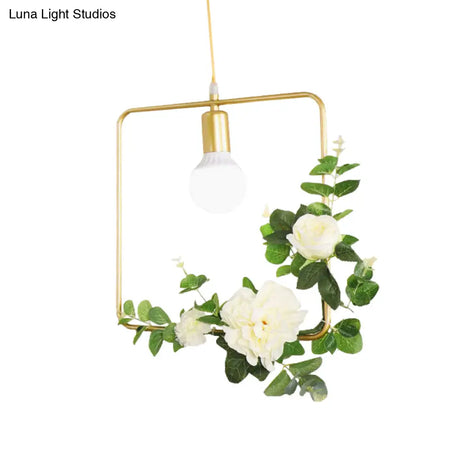Gold Iron Rectangle/Round Frame Pendant Light With Artificial Bloom Deco - Stylish Suspended