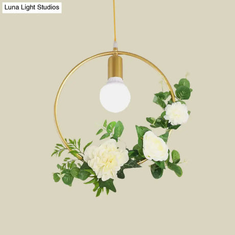 Gold Iron Rectangle/Round Frame Pendant Light With Artificial Bloom Deco - Stylish Suspended