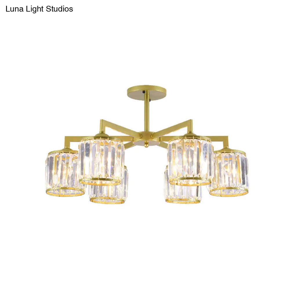 Gold K9 Crystal Cylinder Semi Flush Postmodern Ceiling Mount - 3/6 Bulb Living Room Fixture
