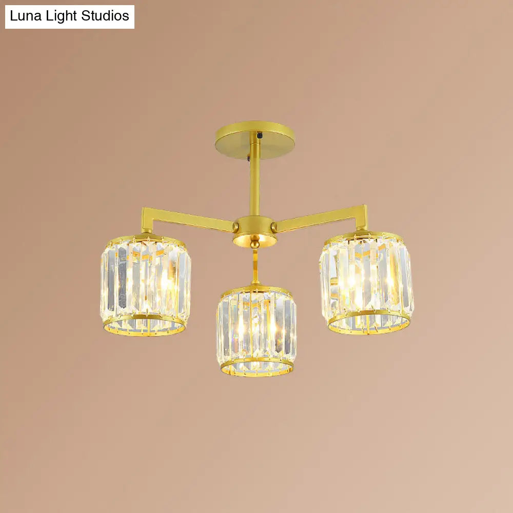 Gold K9 Crystal Cylinder Semi Flush Postmodern Ceiling Mount - 3/6 Bulb Living Room Fixture