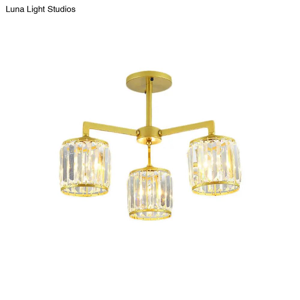 Gold K9 Crystal Cylinder Semi Flush Postmodern Ceiling Mount - 3/6 Bulb Living Room Fixture