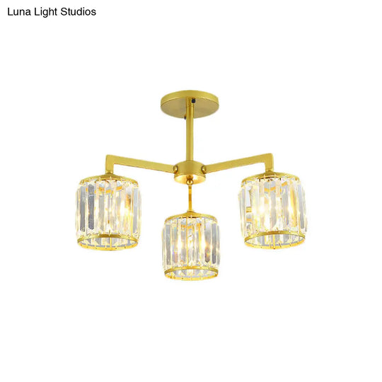 Gold K9 Crystal Cylinder Semi Flush Postmodern Ceiling Mount - 3/6 Bulb Living Room Fixture