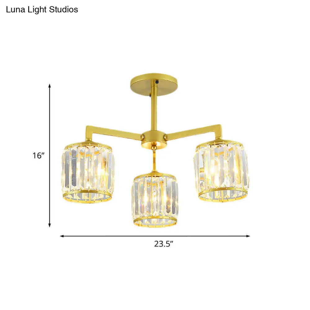 Gold K9 Crystal Cylinder Semi Flush Postmodern Ceiling Mount - 3/6 Bulb Living Room Fixture