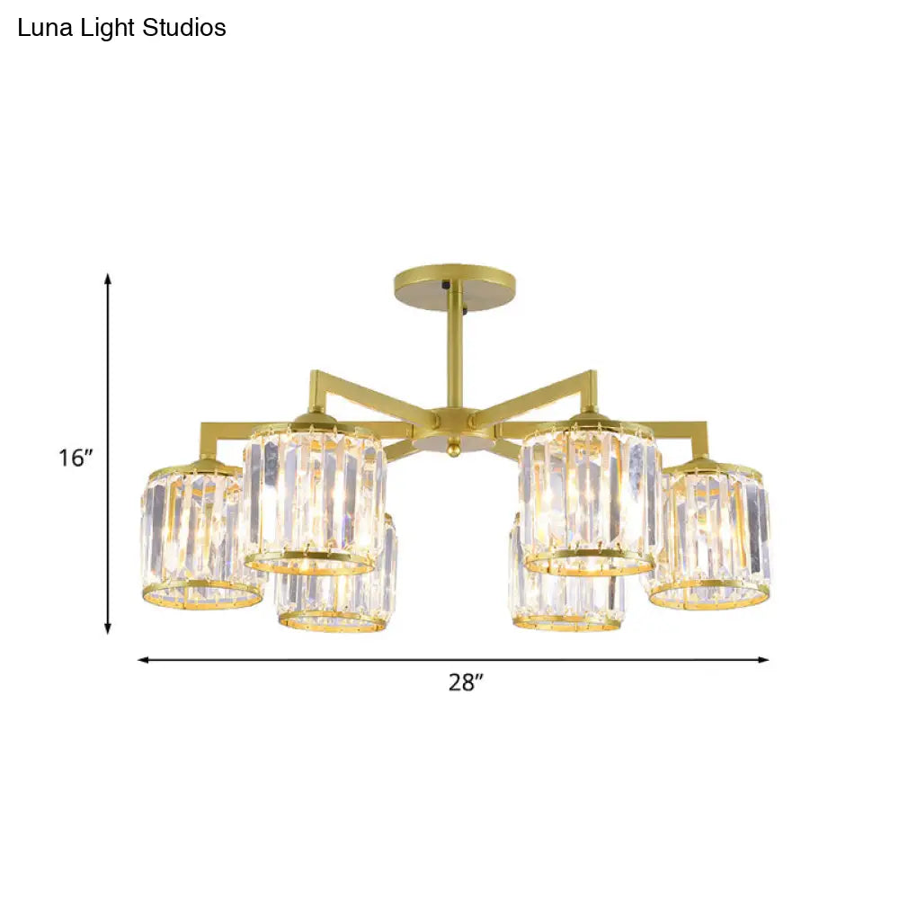 Gold K9 Crystal Cylinder Semi Flush Postmodern Ceiling Mount - 3/6 Bulb Living Room Fixture
