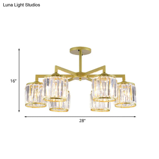 Gold K9 Crystal Cylinder Semi Flush Postmodern Ceiling Mount - 3/6 Bulb Living Room Fixture