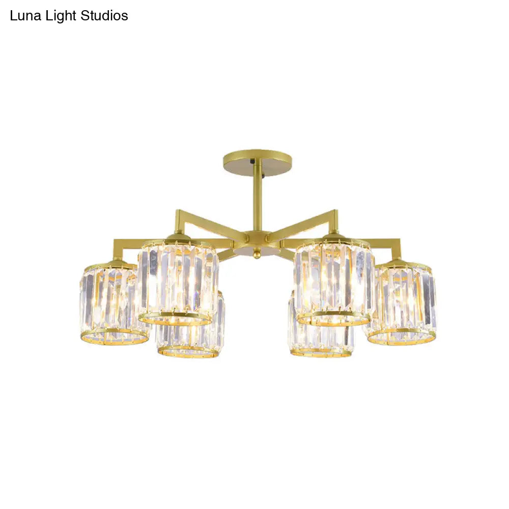 Gold K9 Crystal Cylinder Semi Flush Postmodern Ceiling Mount - 3/6 Bulb Living Room Fixture