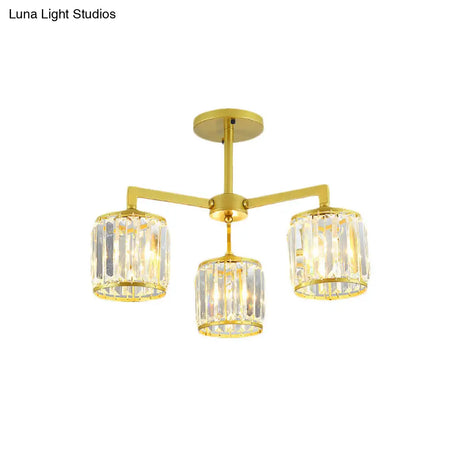 Gold K9 Crystal Cylinder Semi Flush Postmodern Ceiling Mount - 3/6 Bulb Living Room Fixture