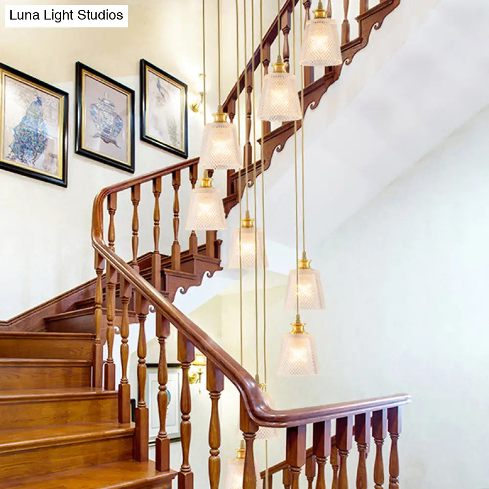 Gold Lattice Glass Staircase Pendant - Bell Shade 10-Head Simplicity Multi Light Gold