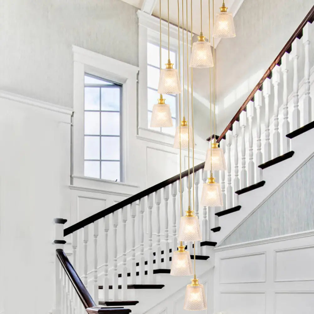 Gold Lattice Glass Staircase Pendant - Bell Shade 10-Head Simplicity Multi Light Gold