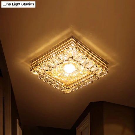 Gold Led Crystal Ceiling Lamp: Minimal Round/Square Design With Flower Shade