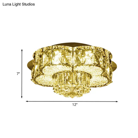 Gold Led Crystal Flower Flushmount Light - Minimalistic 2 - Tier Ceiling Fixture