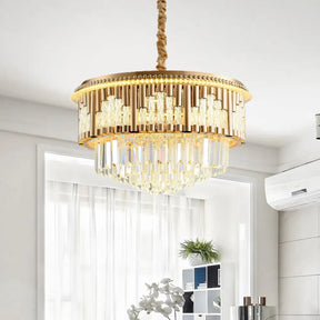 Gold Led Crystal Rod Pendant Chandelier - Modern Layered Style For Bedroom Lighting