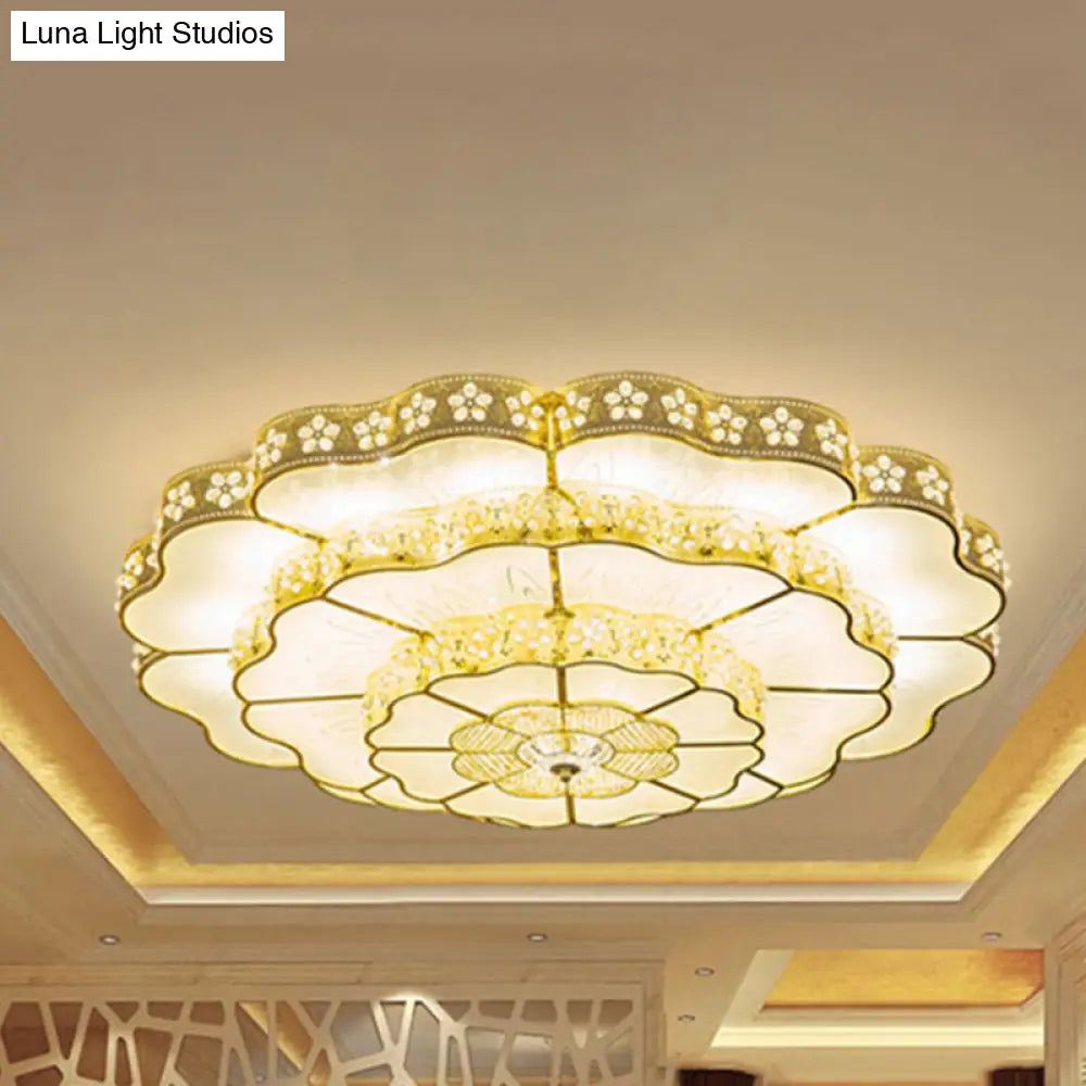 Gold Led Flush Mount Fixture With Crystal Flower Shade - Contemporary Bedroom Ceiling Lamp