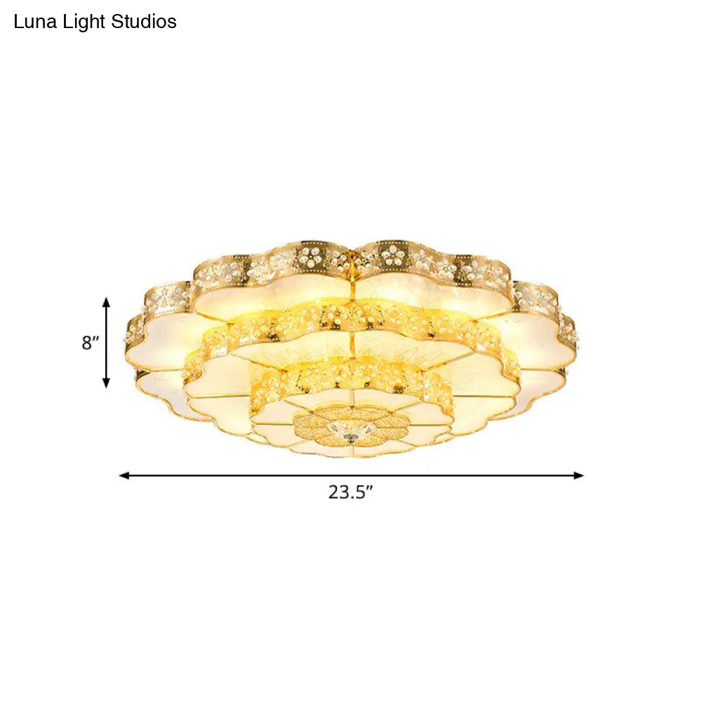 Gold Led Flush Mount Fixture With Crystal Flower Shade - Contemporary Bedroom Ceiling Lamp