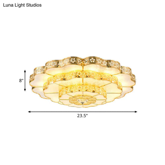 Gold Led Flush Mount Fixture With Crystal Flower Shade - Contemporary Bedroom Ceiling Lamp