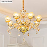 Gold Luxury Flower Chandelier With Amber Glass And Crystal Draping - 6/8 Bulbs Ceiling Light
