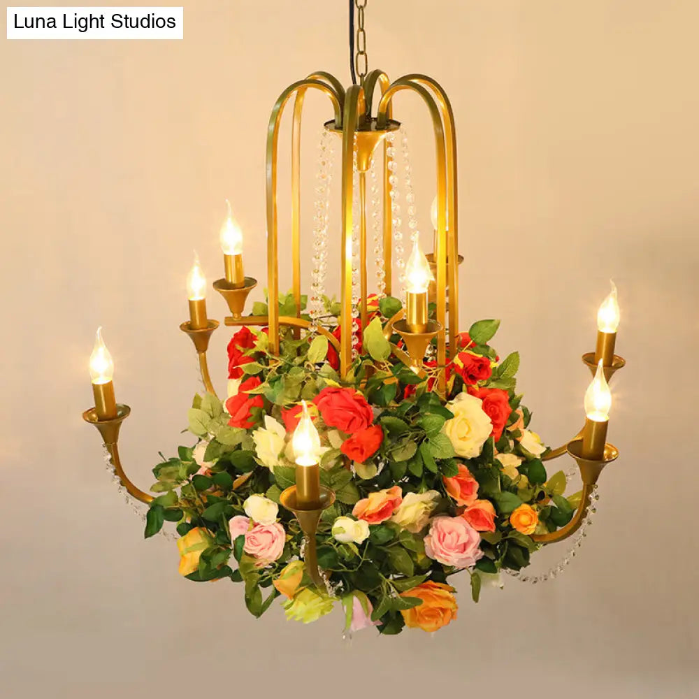 Gold Industrial Metal Chandelier With Rose Decor - Candle Restaurant Pendant Light (9 Bulbs)