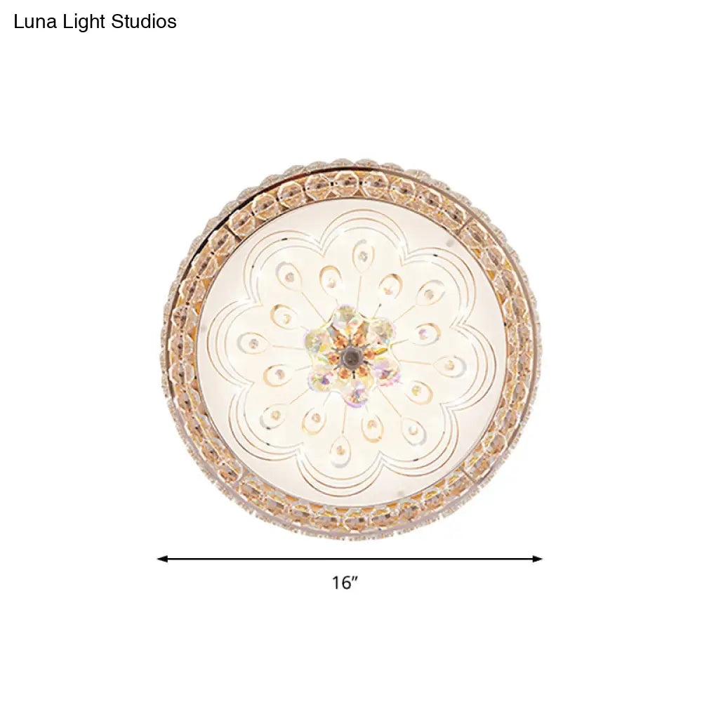 Gold Metal And Crystal Led Flushed Ceiling Light With Peacock/Floral Pattern - 16/19.5 Wide
