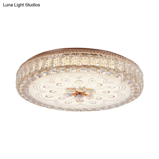 Gold Metal And Crystal Led Flushed Ceiling Light With Peacock/Floral Pattern - 16/19.5 Wide