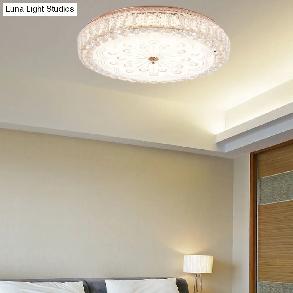Gold Metal And Crystal Led Flushed Ceiling Light With Peacock/Floral Pattern - 16’/19.5’ Wide