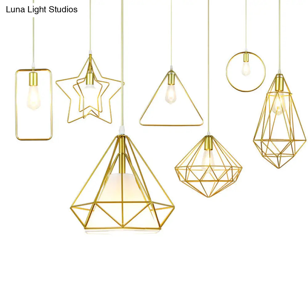 Gold Metal Cage Pendant Ceiling Light - Nordic Design 1 Bulb Dining Room Suspension