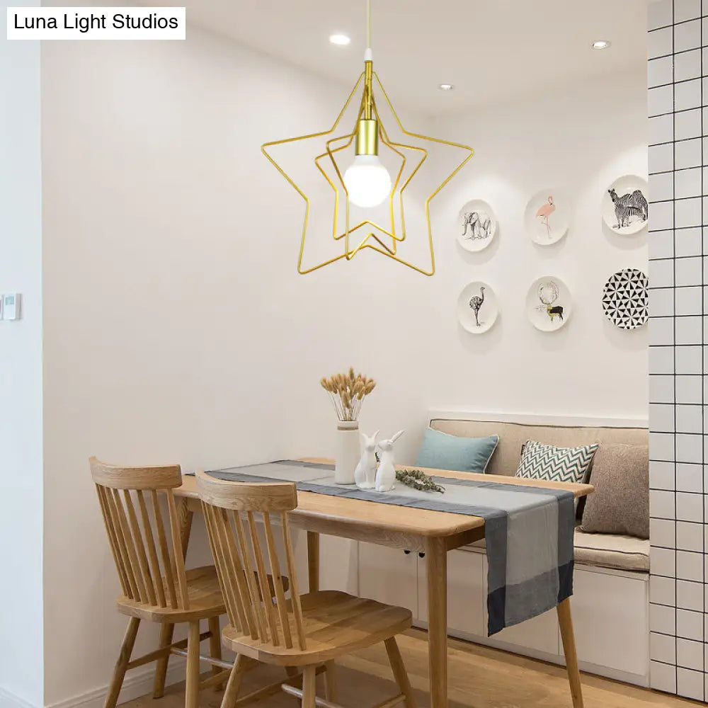 Nordic Metal Pendant Ceiling Light - Gold Cage Frame Design With 1 Bulb Ideal For Dining Room