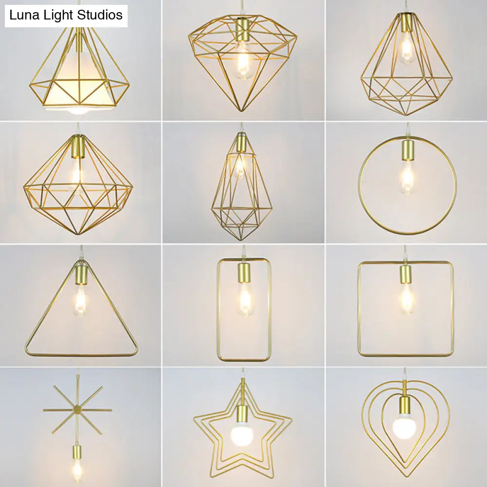 Nordic Metal Pendant Ceiling Light - Gold Cage Frame Design With 1 Bulb Ideal For Dining Room