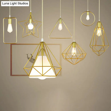 Gold Metal Cage Pendant Ceiling Light - Nordic Design 1 Bulb Dining Room Suspension