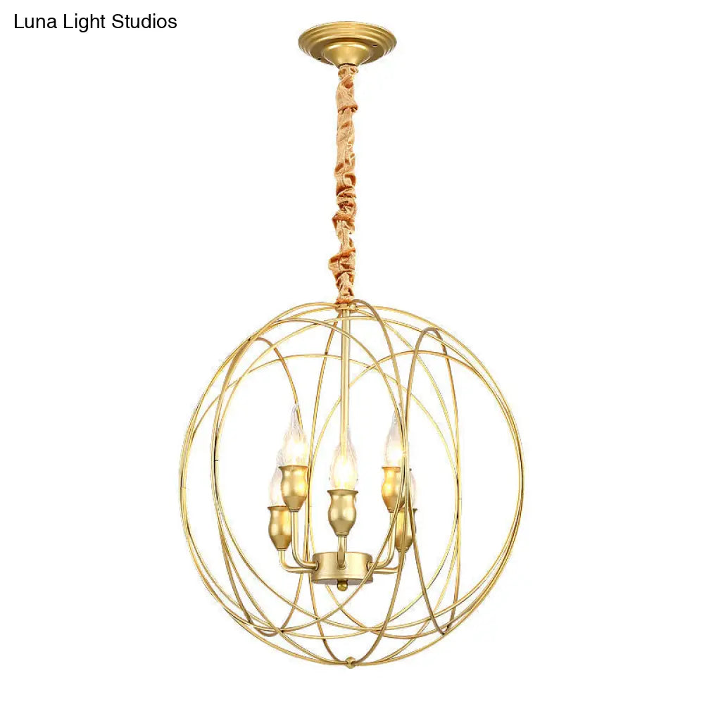 Gold Metal Candle Chandelier - Industrial 5 Bulb Globe Cage Pendant For Dining Room