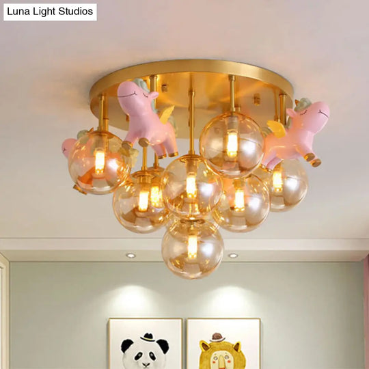Gold Metal Cartoon Pony Semi-Flush Mount Lamp With Amber Glass Shades - 9 Head Macaron Ceiling Light