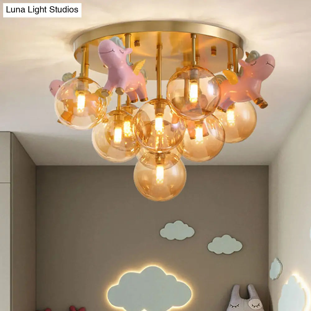 Gold Metal Cartoon Pony Semi-Flush Mount Lamp With Amber Glass Shades - 9 Head Macaron Ceiling Light