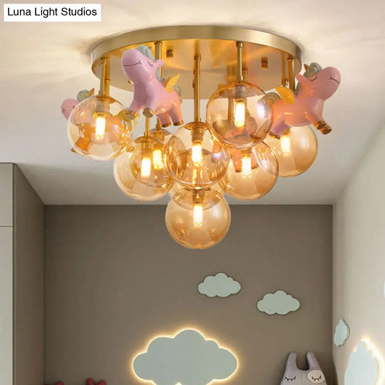 Gold Metal Cartoon Pony Semi-Flush Mount Lamp With Amber Glass Shades - 9 Head Macaron Ceiling Light