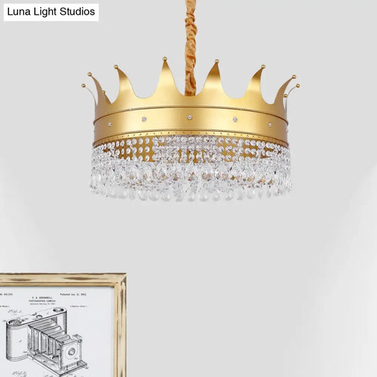 Gold Metal Chandelier Light Modernist Crown Shape 4 Bulb Pendant Lamp with Crystal Droplet for Stylish Living Room Gold