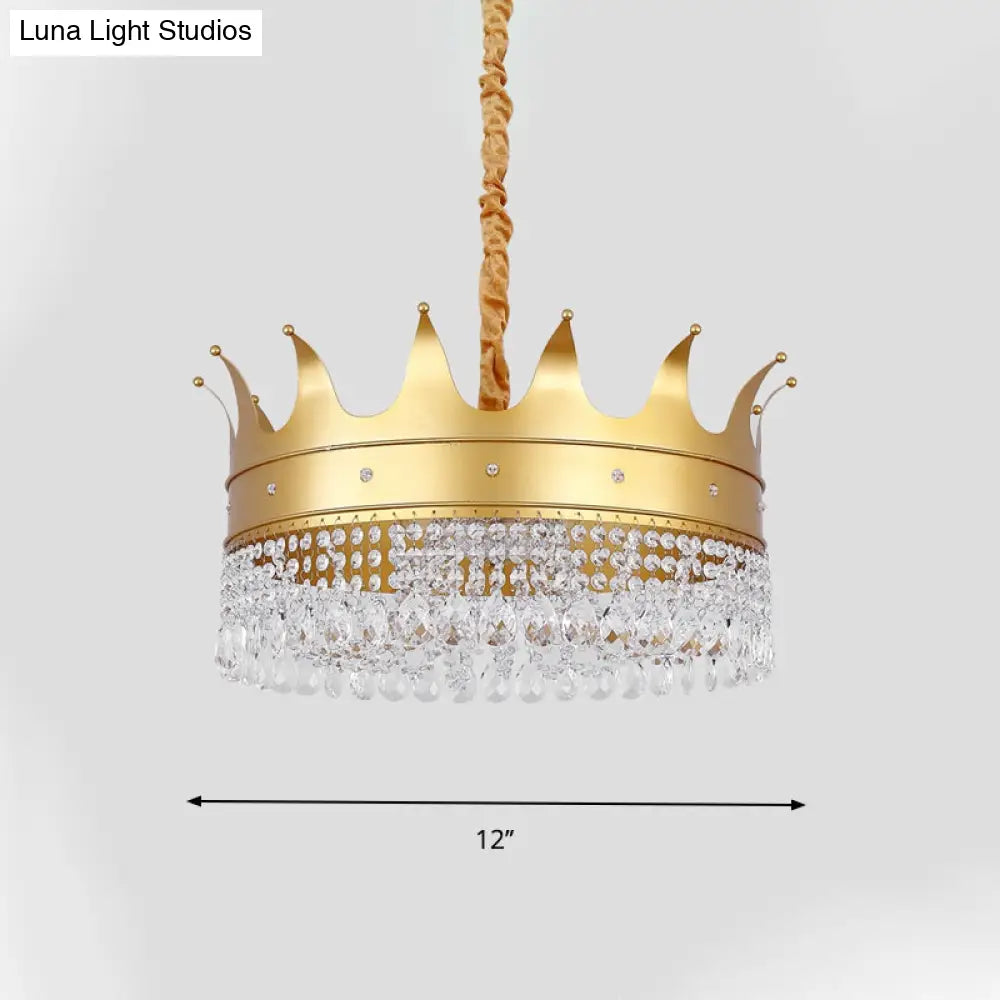Gold Metal Chandelier Light Modernist Crown Shape 4 Bulb Pendant Lamp with Crystal Droplet for Stylish Living Room Gold