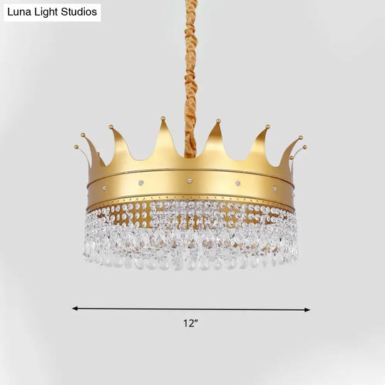 Gold Metal Chandelier Light Modernist Crown Shape 4 Bulb Pendant Lamp with Crystal Droplet for Stylish Living Room Gold