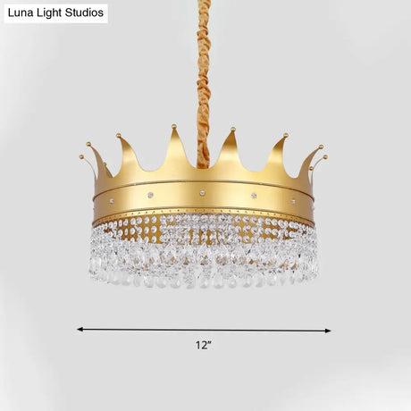 Gold Metal Chandelier Light Modernist Crown Shape 4 Bulb Pendant Lamp with Crystal Droplet for Stylish Living Room Gold